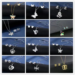 316L Stainless Steel Flora Jewelry Sets Unique Butterfly Flower Pendant Necklaces Earings Set Clavickle Chain Choker Studs Ear