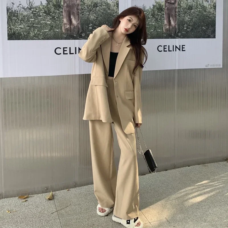 

Insozkdg Autumn Winter Vintage Coat Wide Leg Pants Suits Commuter Loose Fitting Suit Collar Coat High Waist Pant 2 Piece Sets