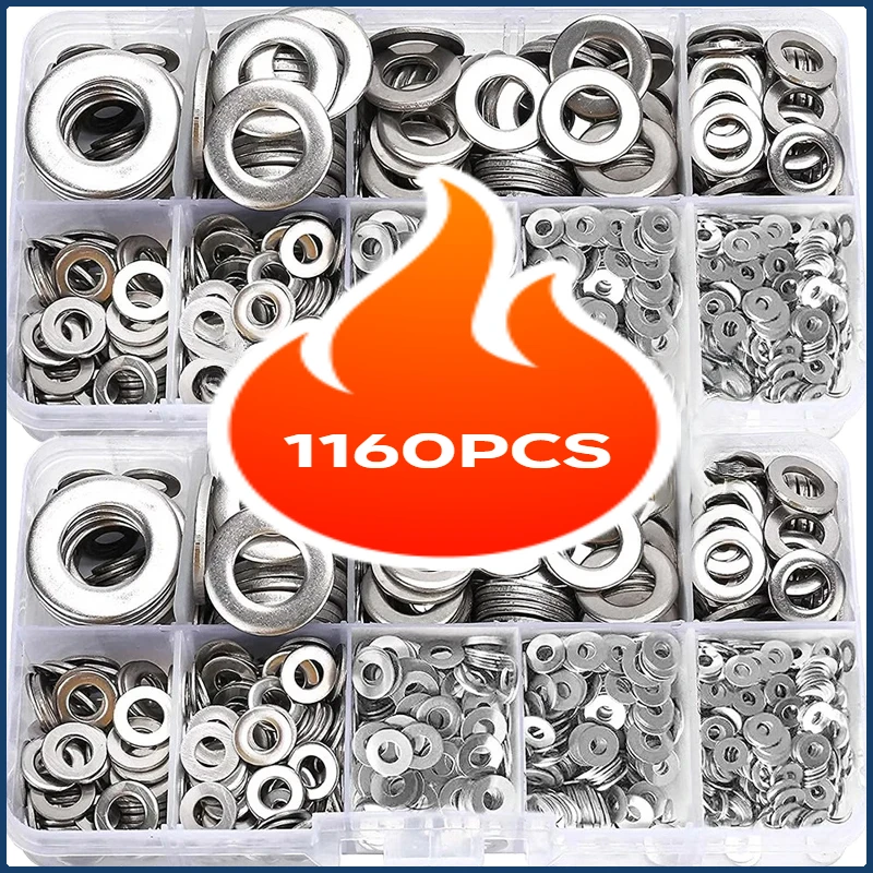 180/360/580/1160pcs 304 Stainless Steel Flat Washers Set, M2-M12 Perfect For Home Decor, Factory Repair, Kitchens, Shops & More