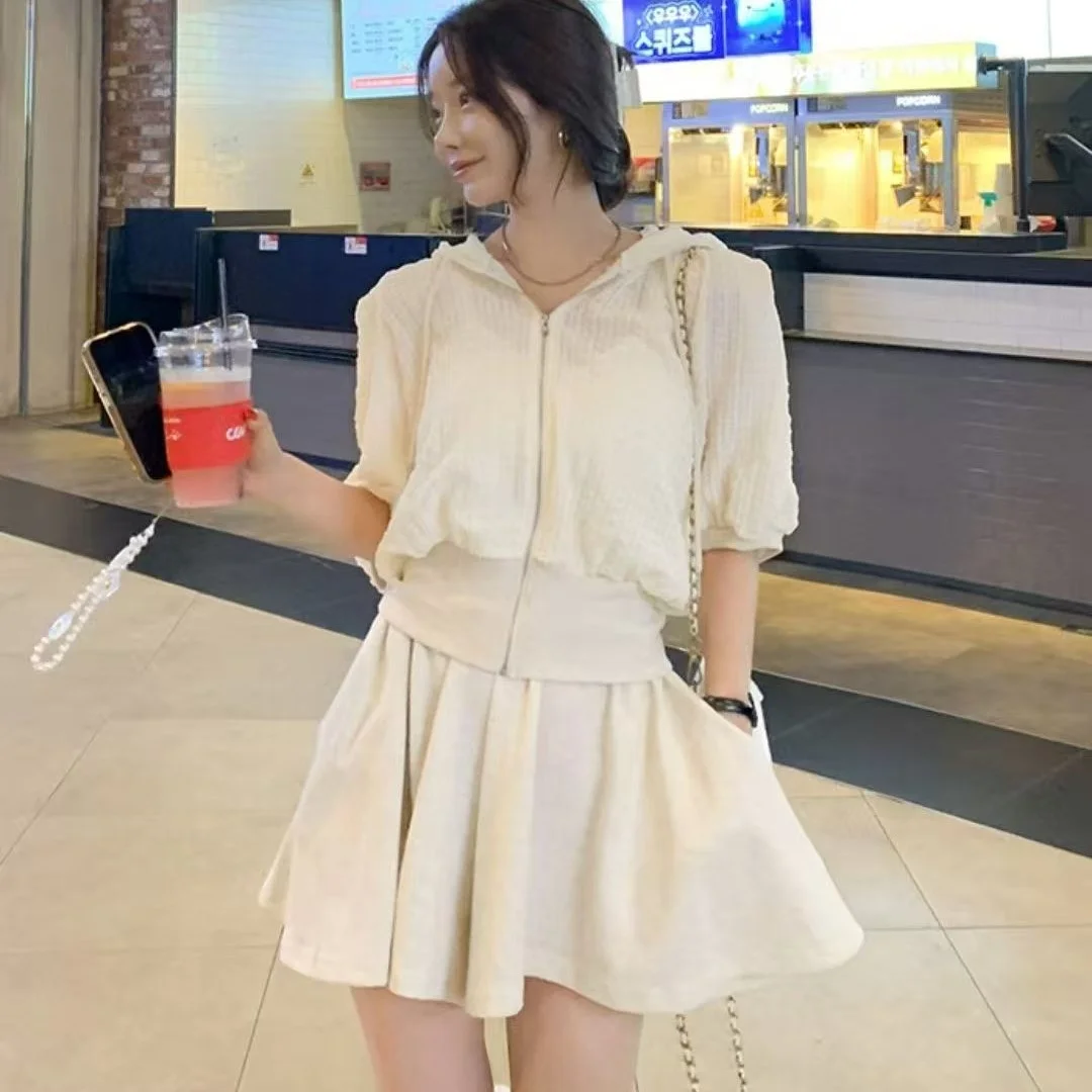 

Korean Style Summer New Fashion Casual Hooded Belted Zipper Top Short Skirt Pants Set Women's Short Sleeve High Waist