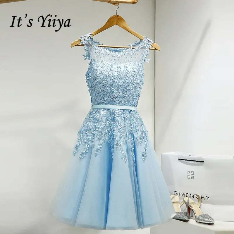 It\'s YiiYa Customized Prom Dress Embroidery Beads Illusion Appliques A-line Tea-Length Plus size WOmen Formal Party Gown LX073