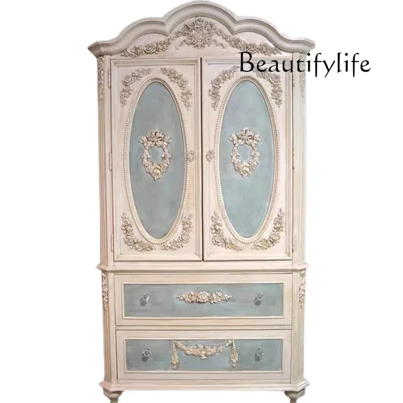 

French solid wood old double door wardrobe European engraved retro girl room pink storage American wardrobe