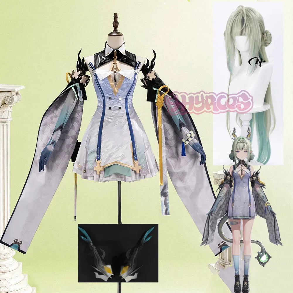 Arknights Endfield Si Cosplay Costume Wig Shoe Full Set Ink Black Chinese Style Robe Ink Ghost Decor Horn Hair Ornament Shoe
