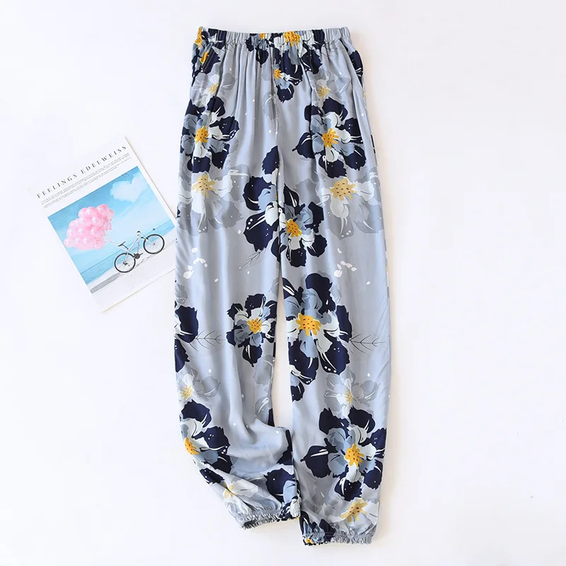 Ladies Rayon Pajamas Trousers Floral Print Full Length Viscose Elastic Waist Sleep Bottoms Thin Loose Pants Women Sleepwear