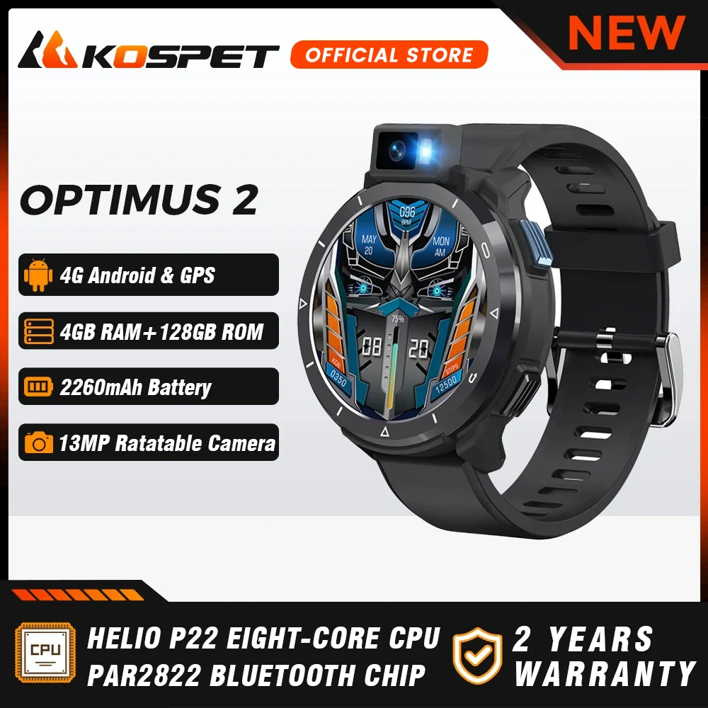 KOSPET OPTIMUS 2 Ultra 4G Android Smartwatch Phone 4GB+128GB 13MP 90° Flashlight 2260mAh GPS Fitness Electronic Smart Watch Men