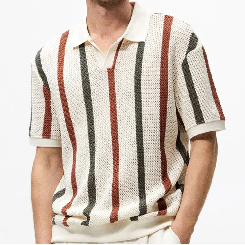 

2025 summer short-sleeved knitted sweater men's hollow stripes contrasting colors slim-fitting fashion T-shirt
