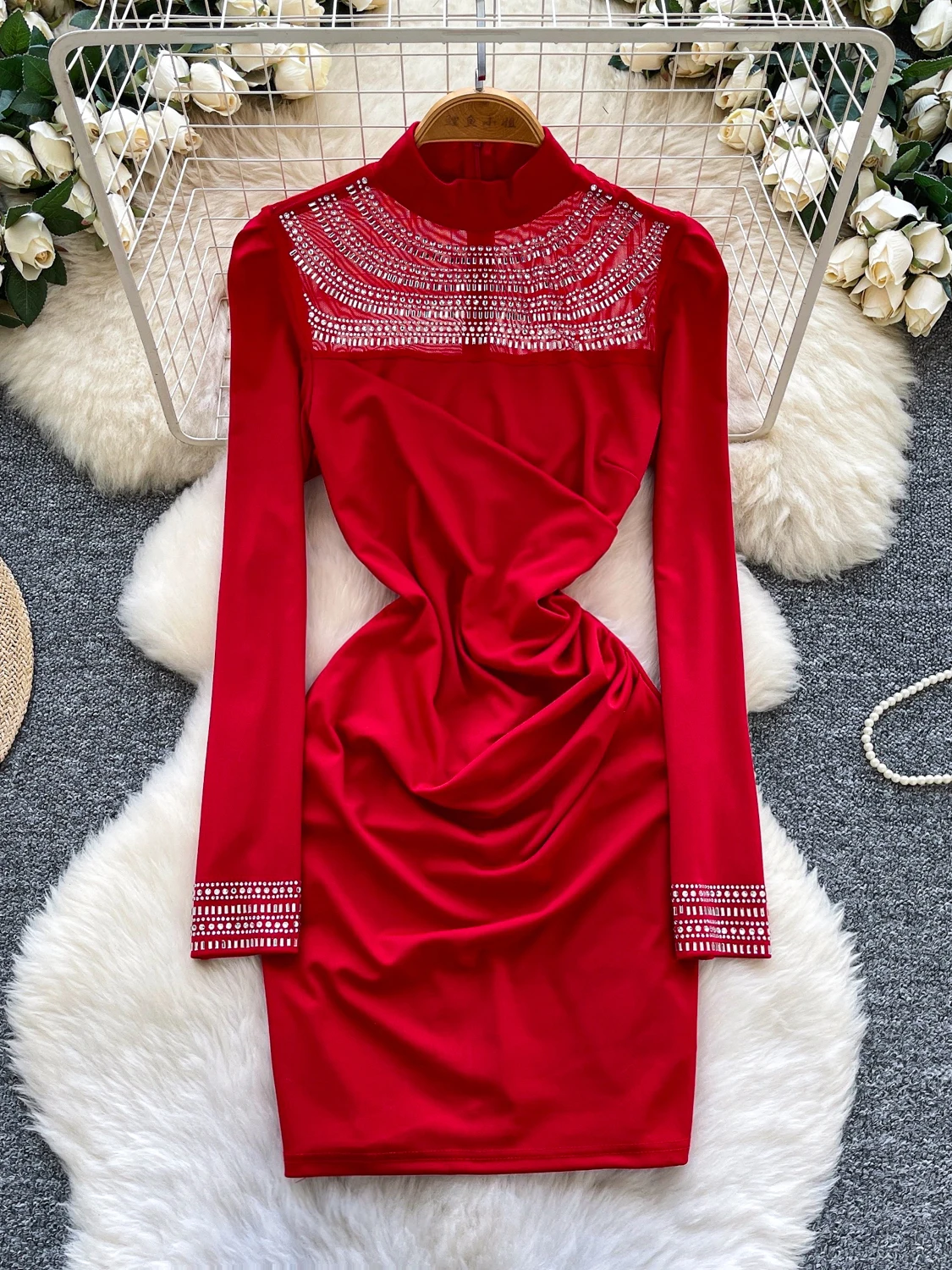 Elegant Long Sleeve Mermaid Dress Women's High Waist Sequin Mesh Panel Slimming Wrap Bodycon Dress Luxury Fashion City Commute