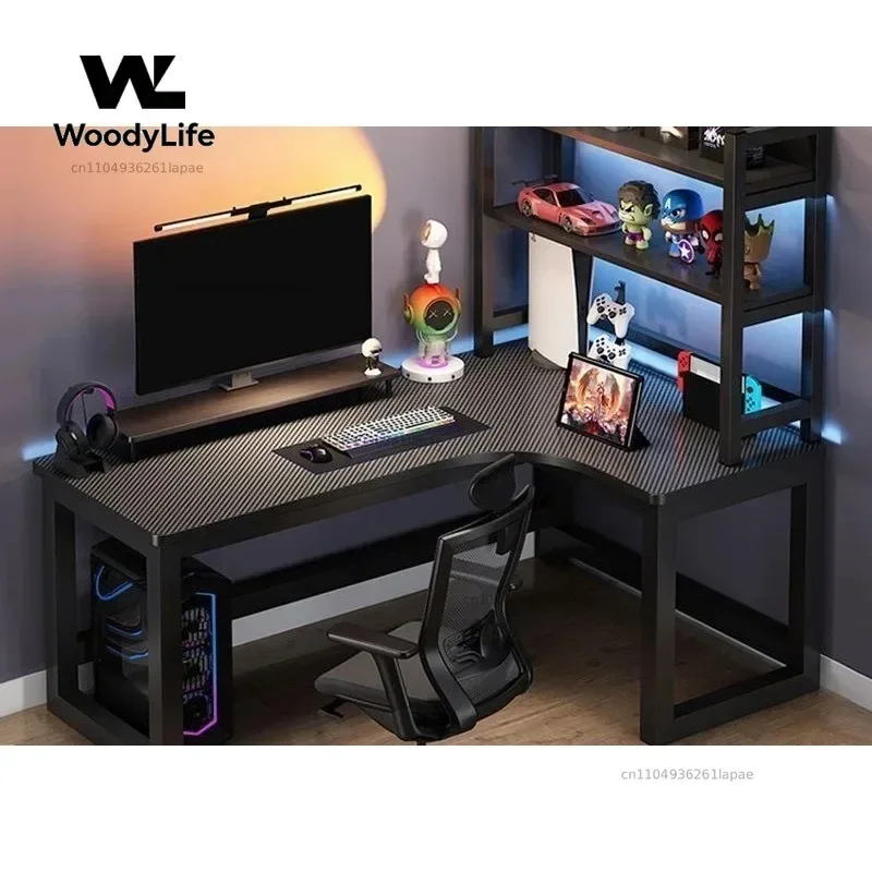 Multiple Styles L Shaped Corner Computer Gaming Desk Adjustable Height Home Office Study Bookshelf Storage E-sports Table