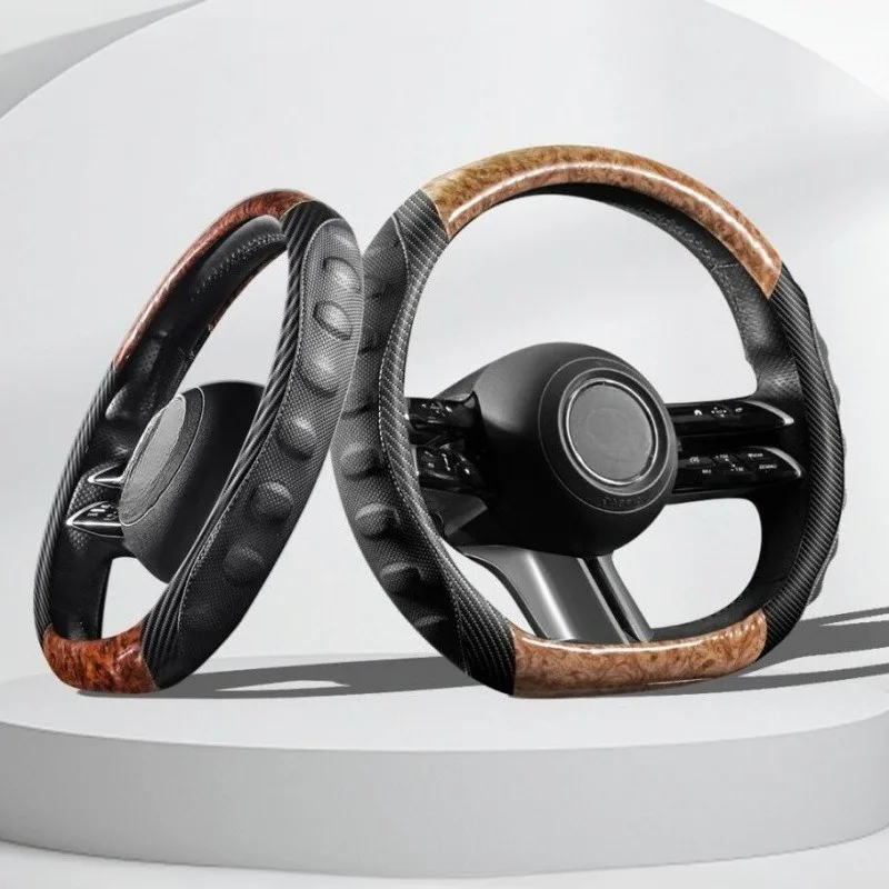 Carbon Fiber Leather Car Steering Wheel Cover Wood Grain Steering Wheel Grip Car Accessories Universal Steering Covers O/D Shape