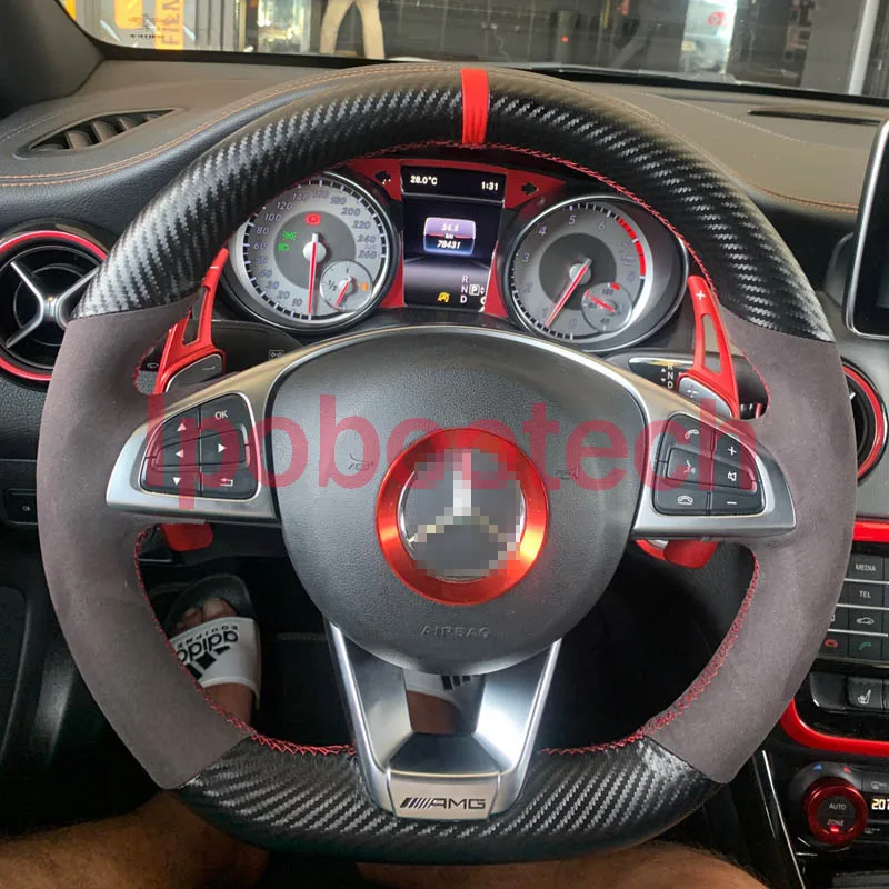 3D Carbon Fiber & Black Suede Leather Steering Wheel on Wrap Cover For Mercedes Benz W176 S-Class S500 2016 / A180 16-19