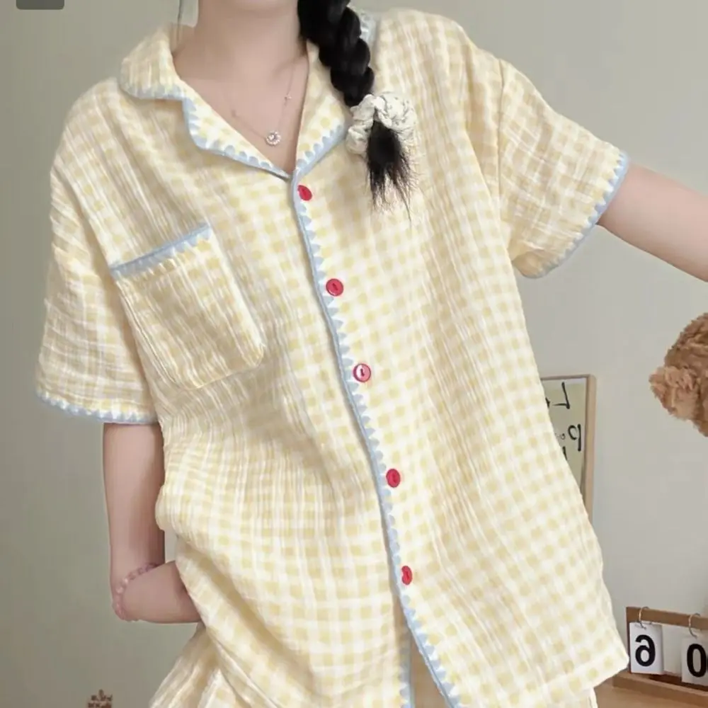 

Fashion Sweet Plaid Pajamas Set Loose Summer Thin Short Sleeve Pajamas Home Wear Lattice Shorts Sleepwear Suit Summer