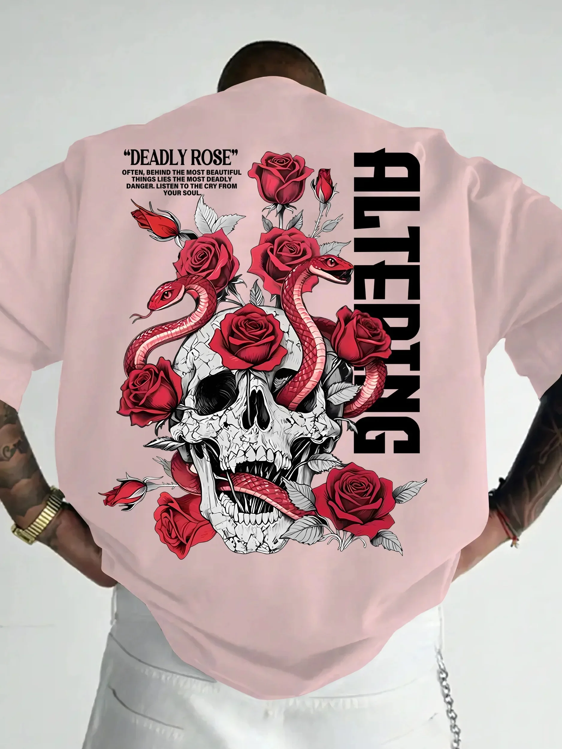 Latest Skeleton Rose Viper Cotton Large Size Loose Short Sleeve American Retro Street Men's and Women's T-shirt