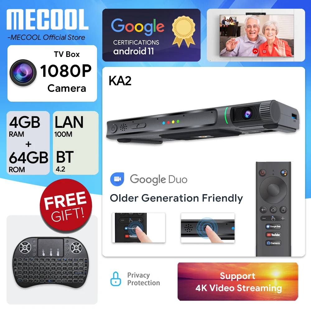 Android TV Box con telecamera HD 1080P S905X4 DDR4 16GB 10.0 tvbox Smart Media Player per videochiamate Live Show Mecool KA2 NOW