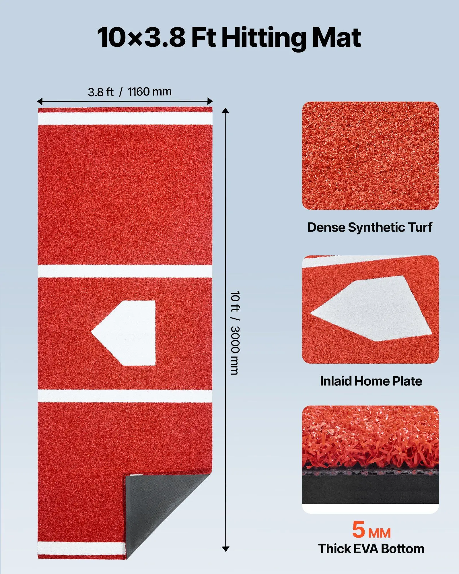 Baseball Hitting Mat, 10x3.8 ft Batting Cage Mat, Batters Box Turf Mats, Softball Batting Practice Equipment with Home Plate and