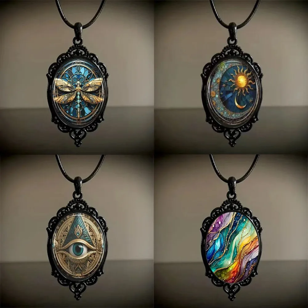 Gothic Retro Butterfly Suneye Life Tree Oval Pendant Black Leather Rope Necklace for Women Halloween Party Amulet Witch Jewelry