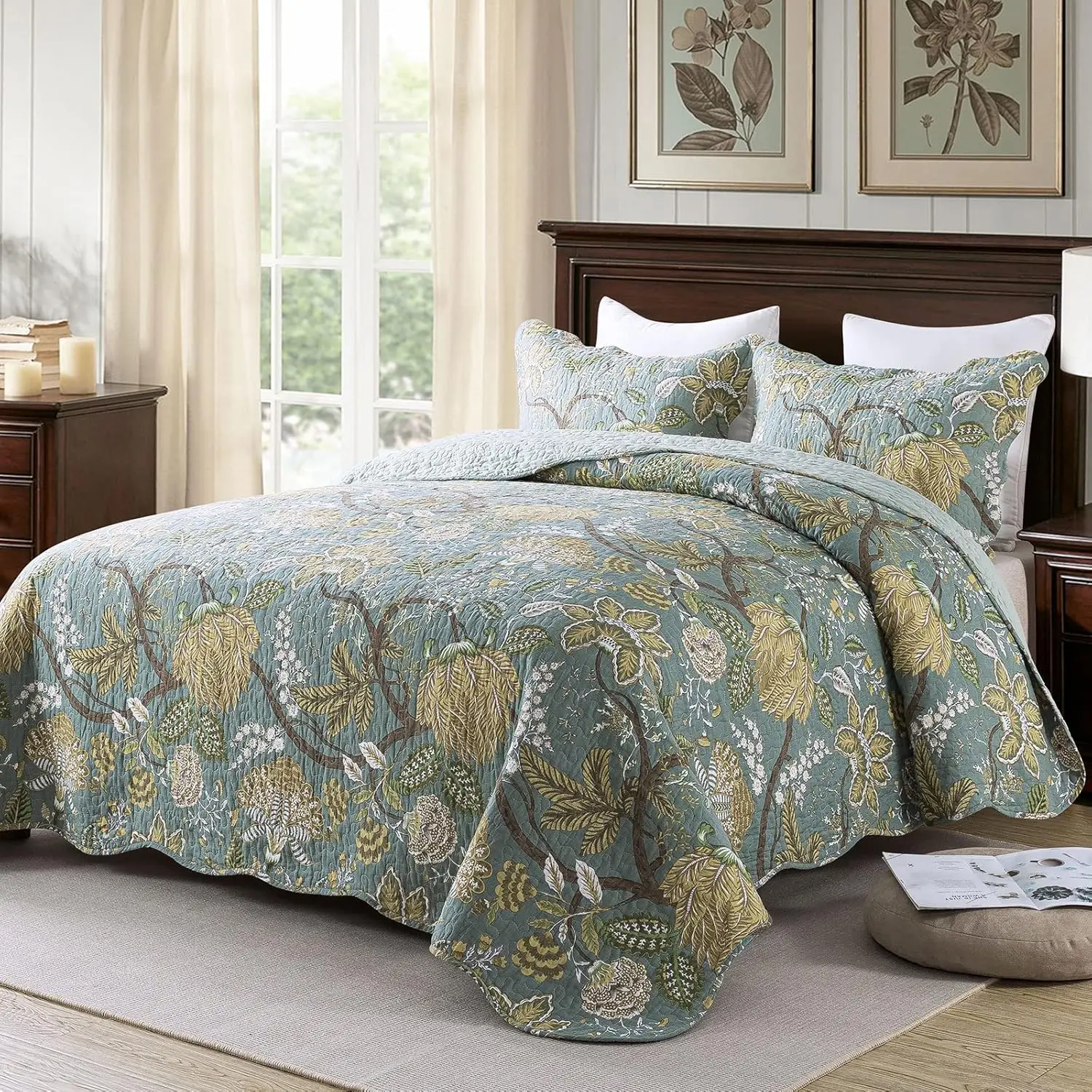 3-Piece Quilt Set Quilted Bedspread Cotton Coverlet Set Floral Printed Oversized Quilted Bedding Set with Shams for All S