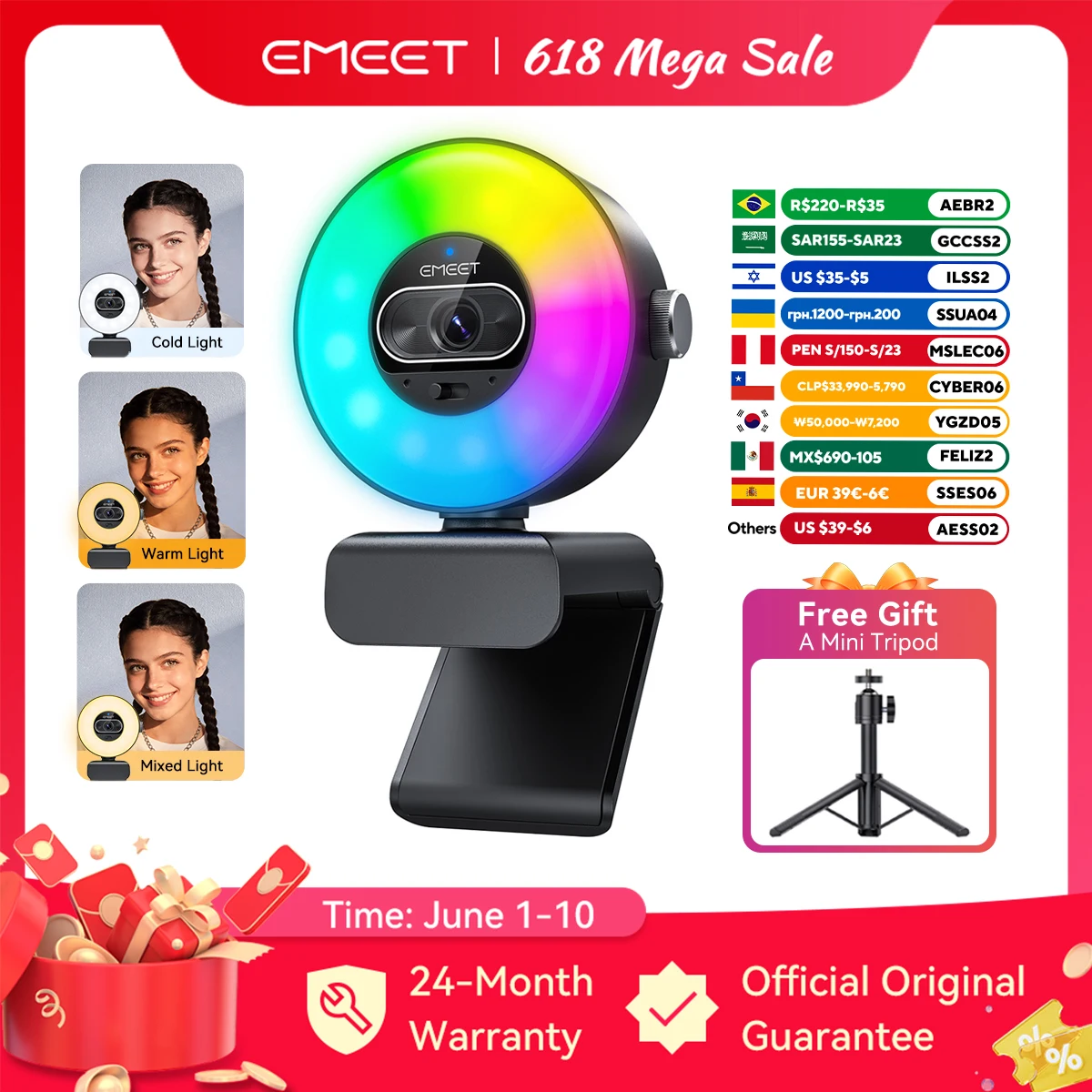 Webcam 4K avec éclairage 1080P60fps Caméra vidéo autofocus EMEET S600 Light Caméra USB 8MP 73 ° Caméra Web de streaming FOV pour
