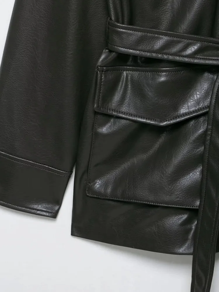 Women 2025 Autumn Winter Mid-length Loose Vintage Black Pocket Faux Leather Coat With Belt Casual Jacket Femme