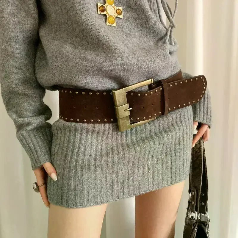 Retro Suede Rivet Belt Punk Gothic Western Cowgirl Wide Cummerbunds Waistband Y2K Irregular Belt