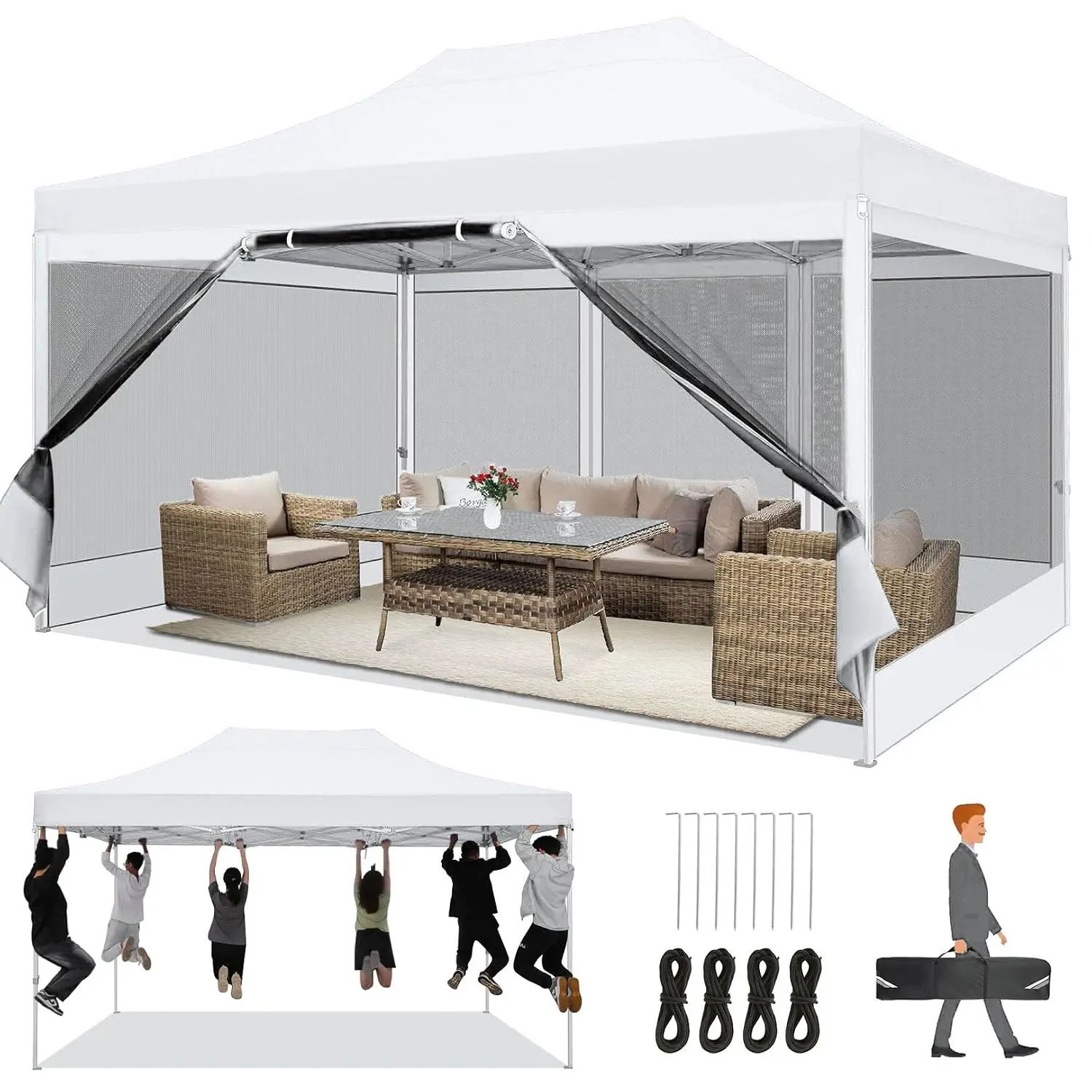 10x15 Heavy Duty Pop Up Canopy with 4 Sidewalls, Commercial Gazebo Party Tent with Mosquito Netting Wall Easy Set, Customized