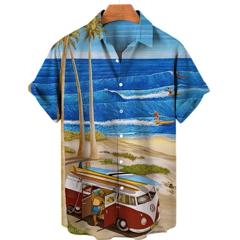 

Aliexpress Hot Sale2023Summer Men's Beach Shirt Top Men's Shirt Hawaiian Short Sleeve Shirt Turn-down Collar Plus Size