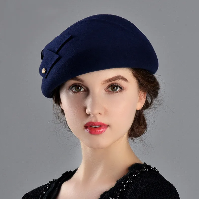 French Berets Caps For Women Fashion 100% Wool Felt Fedora Hat Winter Blue Purple Red Church Female Vintage Cloche Hats H46