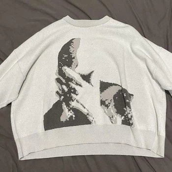 Gótico impressão padrão O pescoço Pullover camisola das mulheres, Y2K tricô camisola, Streetwear extragrandes, Harajuku malhas, camisolas meninas