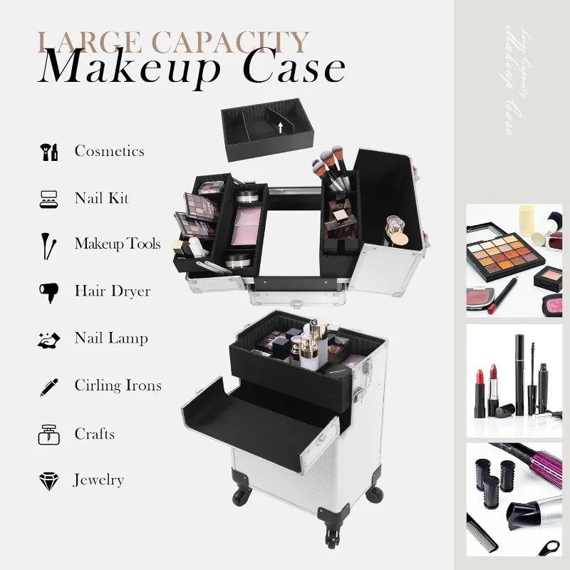 Professionele rollende make-uptreinkoffer, multifunctionele cosmetische trolley met 360° °   Zwenkwielen Sleutels Reizen