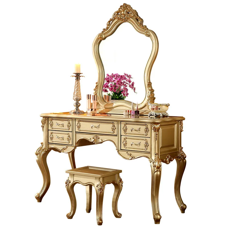 

European solid wood dresser, American villa pastoral bedroom makeup table makeup mirror combination tracing gold and silver