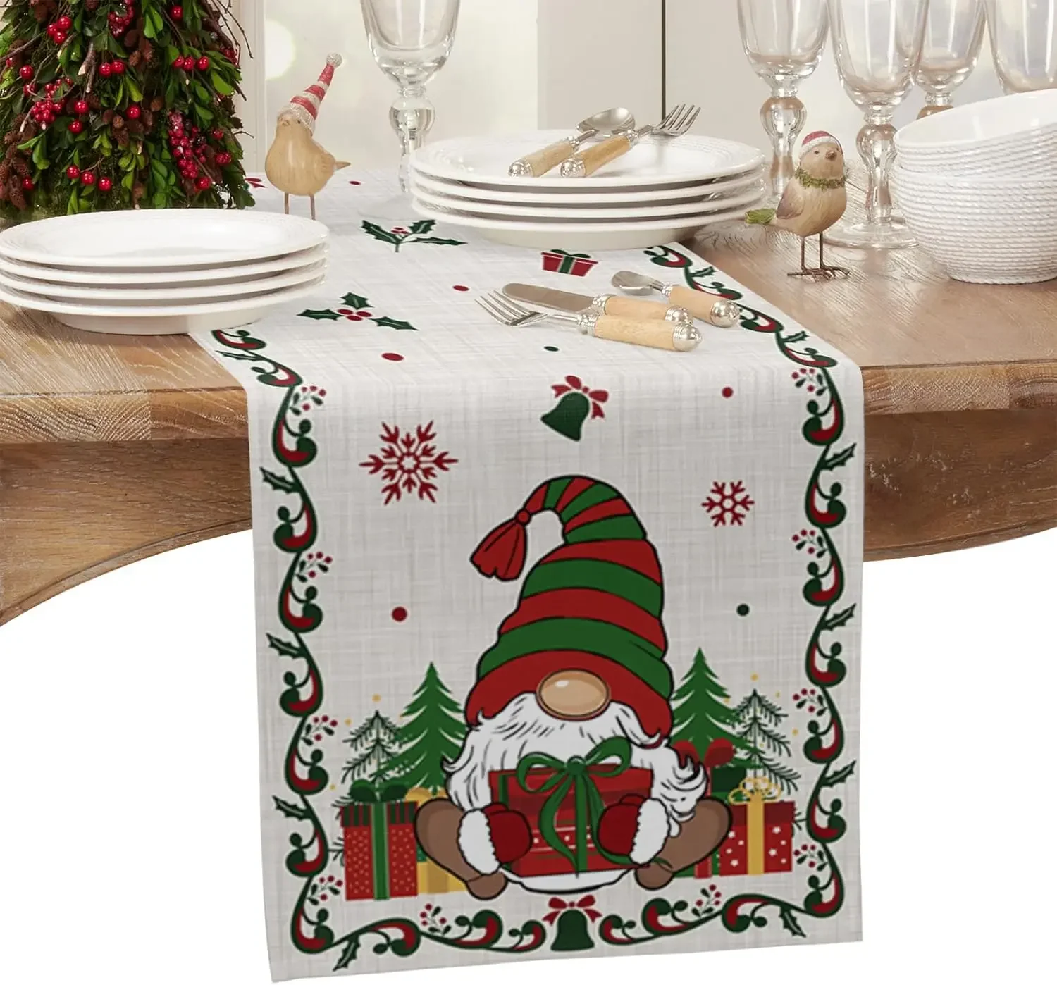 Christmas Gnome Snowflake Linen Table Runner Party Decor Washable Winter Xmas Kitchen Dining Table Runner Christmas Decorations