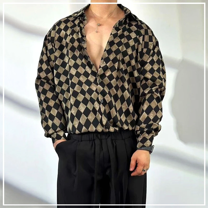 Light Luxury Senior Temperament Retro Fashion Versatile Hipster Geometric Argyle Leisure Men's Sexy Shirt Spring Autumn 2024