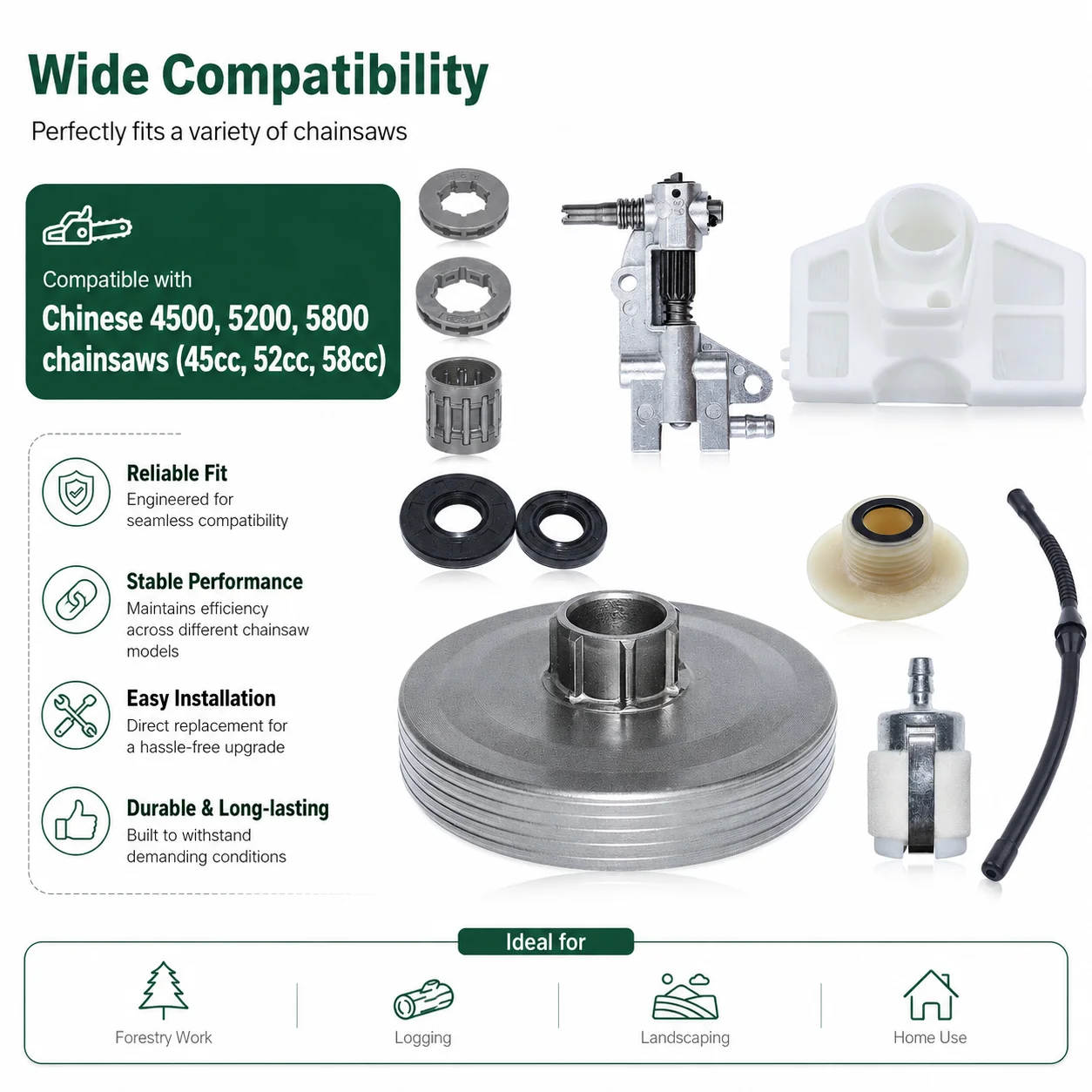 Air Filter Fuel Filter Fuel Line Oil Pump Seal Clutch Drum Kit for Chinese 4500 5200 5800 45cc 52cc 58cc Chainsaw Repair Parts