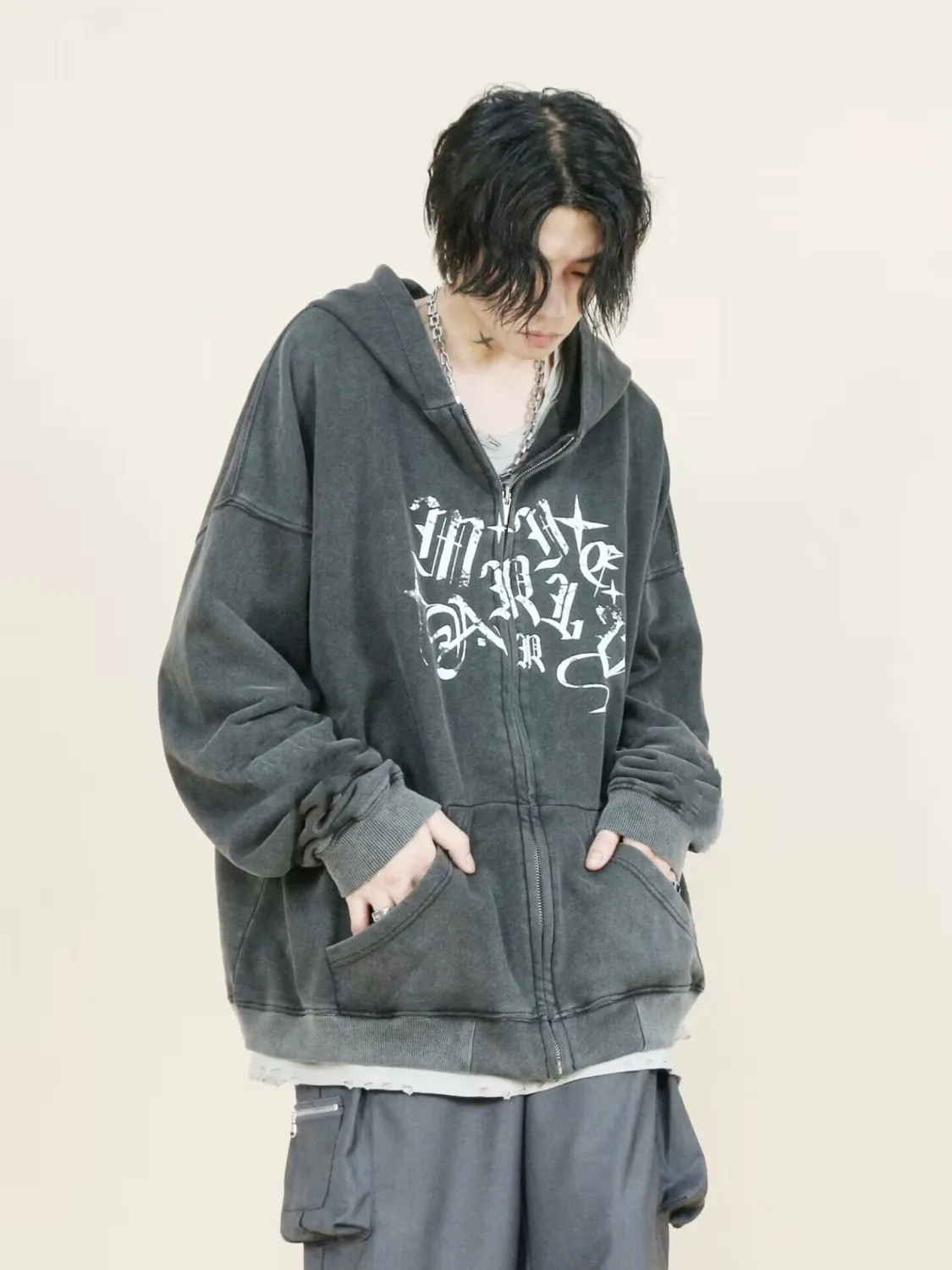 Washed Black Y2K Loose Zip Hoodie Vintage Loose Sweatshirts Graphic Pattern Zip Up Hoodies 2000s Retro Grunge Jacket