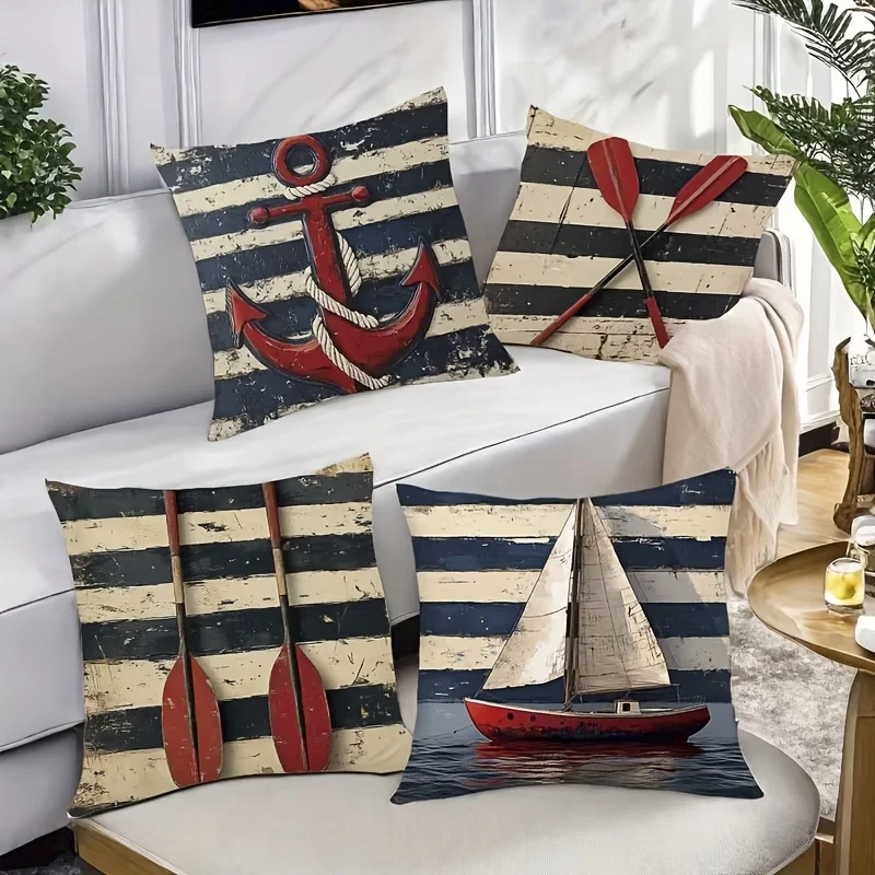 4PC Nautical Theme Throw Pillow Covers Coastal Decor Ocean Life Sailor Anchor Boat Beach House Accent Pillow