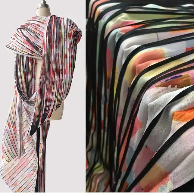 

Artistic printed pleated densely woven chiffon fabric for clothing bags accessories home decor backdrops designer fabrics