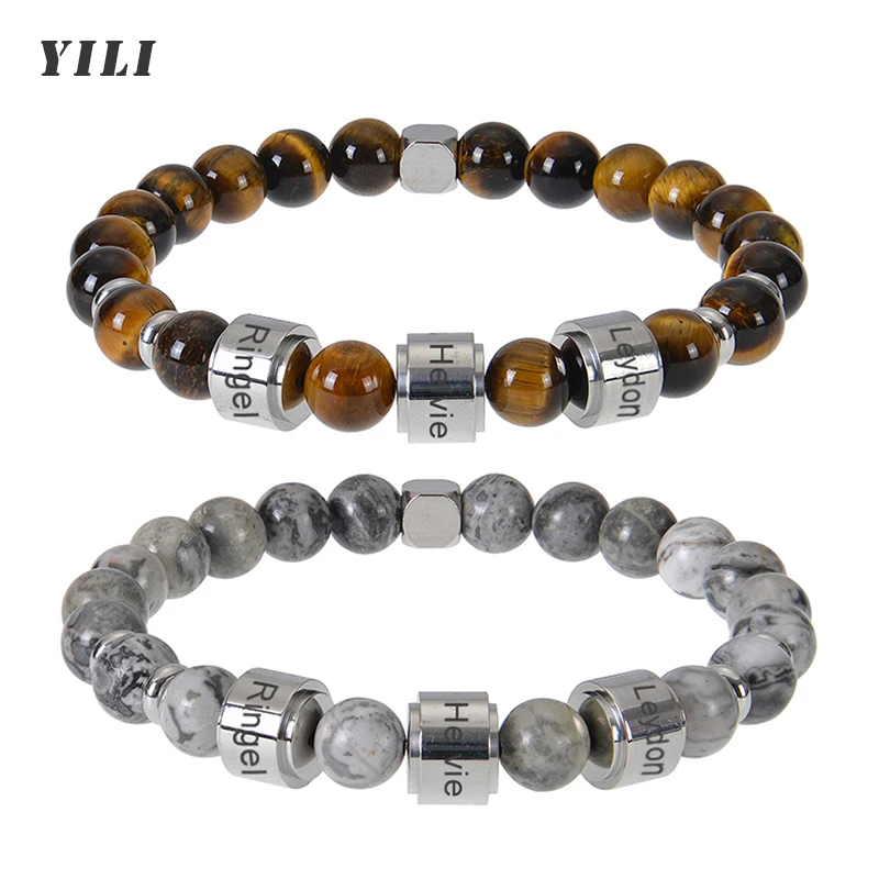 

Personalized Tiger Eye Bead Bracelet for Men Custom 1-5 Name Beaded Bracelets Map Stone Customized Name Stainless Steel Bracelet