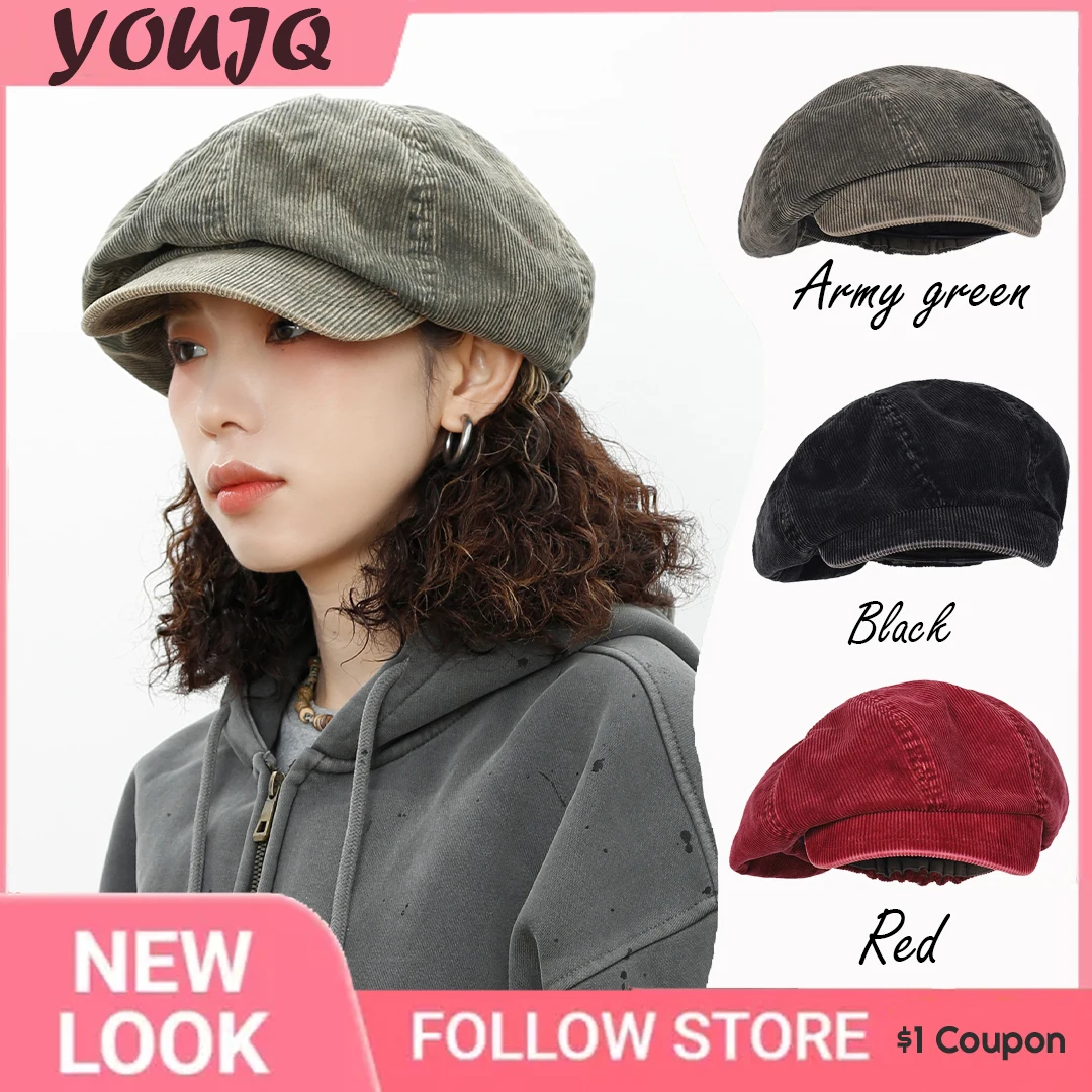 Y2K-gorros octogonales de pana Retro para mujer, gorro de otoño e invierno, cálido, literario, Newsboy