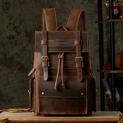 Handmade Retro Crazy Horse Leather Backpack Multi-functional Cowhide Knapsack Genuine Leather 16 inch Laptop Bag Men's Rucksack