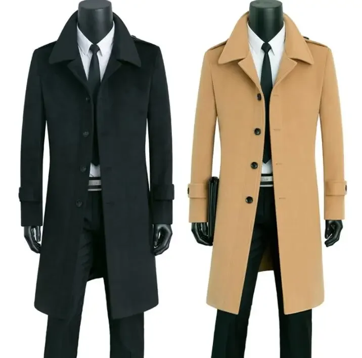 Single-breasted woolen coat men casual trench coats black long sleeves overcoat mens cashmere coat youth lapel england grey 8945