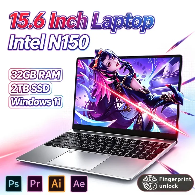 15.6 Inch Office Notebook Intel N150 32GB RAM 2TB SSD Windows11 Fingerprint Unlock Thin Light Laptop For Remote Work