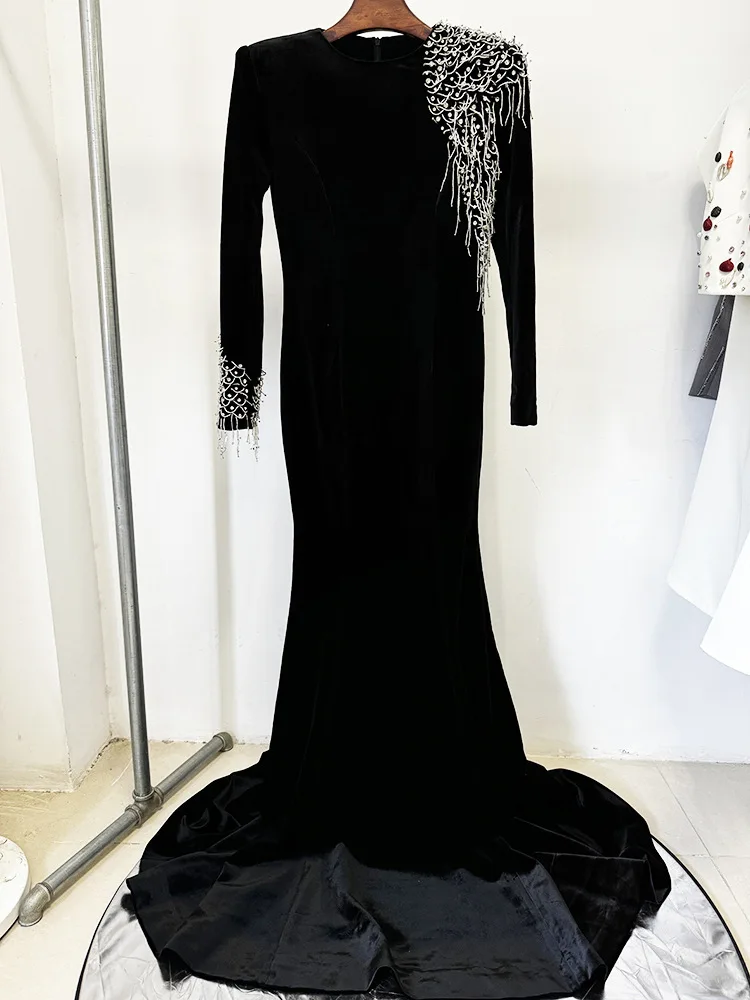 HIGH STREET Newest Fashion 2026 Designer Maxi Dresses Women\'s  Long Sleeve Luxurious Beaded Acetic Velvet Long Maxi Dress