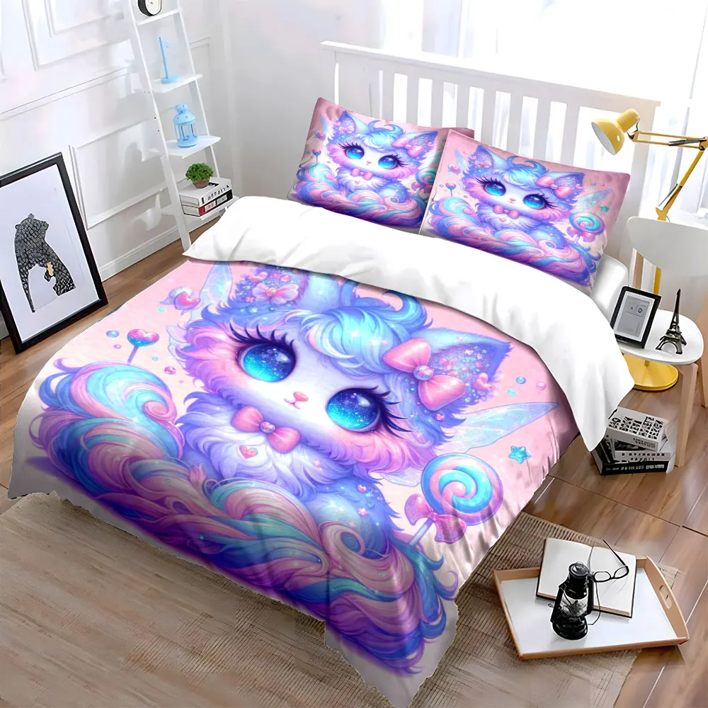 Fantasy candy-colored cat illustration Printed Duvet Cover Set1 Duvet Cover+2 PillowcaseMulti Size Bedroom Bedding Decor