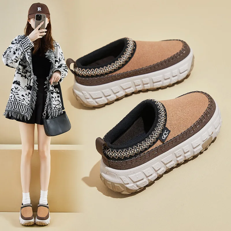 

Snow Boots for Women Winter New Cashmere Warm Thick Soles Without Heel-covered Hair Half Slipper Height Increasing Casual