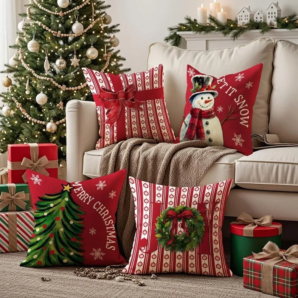 45x45cm Bowknot Snowman Pillow Cover Square Breathable Christmas Pillowcases Red Series Sofa Home Decor Pillow Case