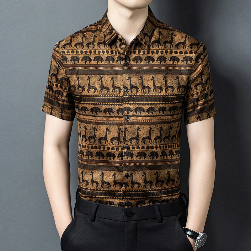 Thin Lightweight Print Shirts For Men Short Sleeve Real Silk 100% Summer Quality Gambiered Canton Gauze Luxury Camisas De Hombre