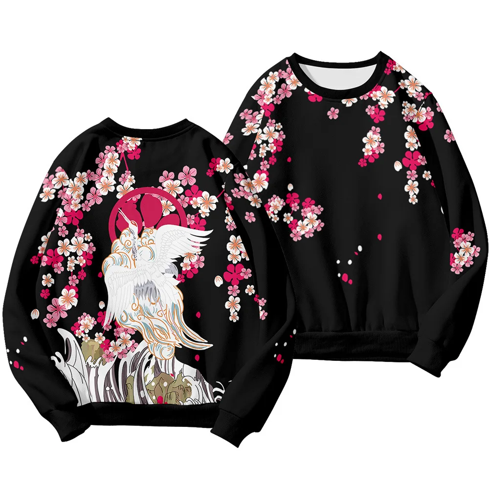 Spring Autumn Vintage Long Sleeve Pullovers Clothes Men Casual Loose O-neck Black Floral And Crane Print Sweatshirt