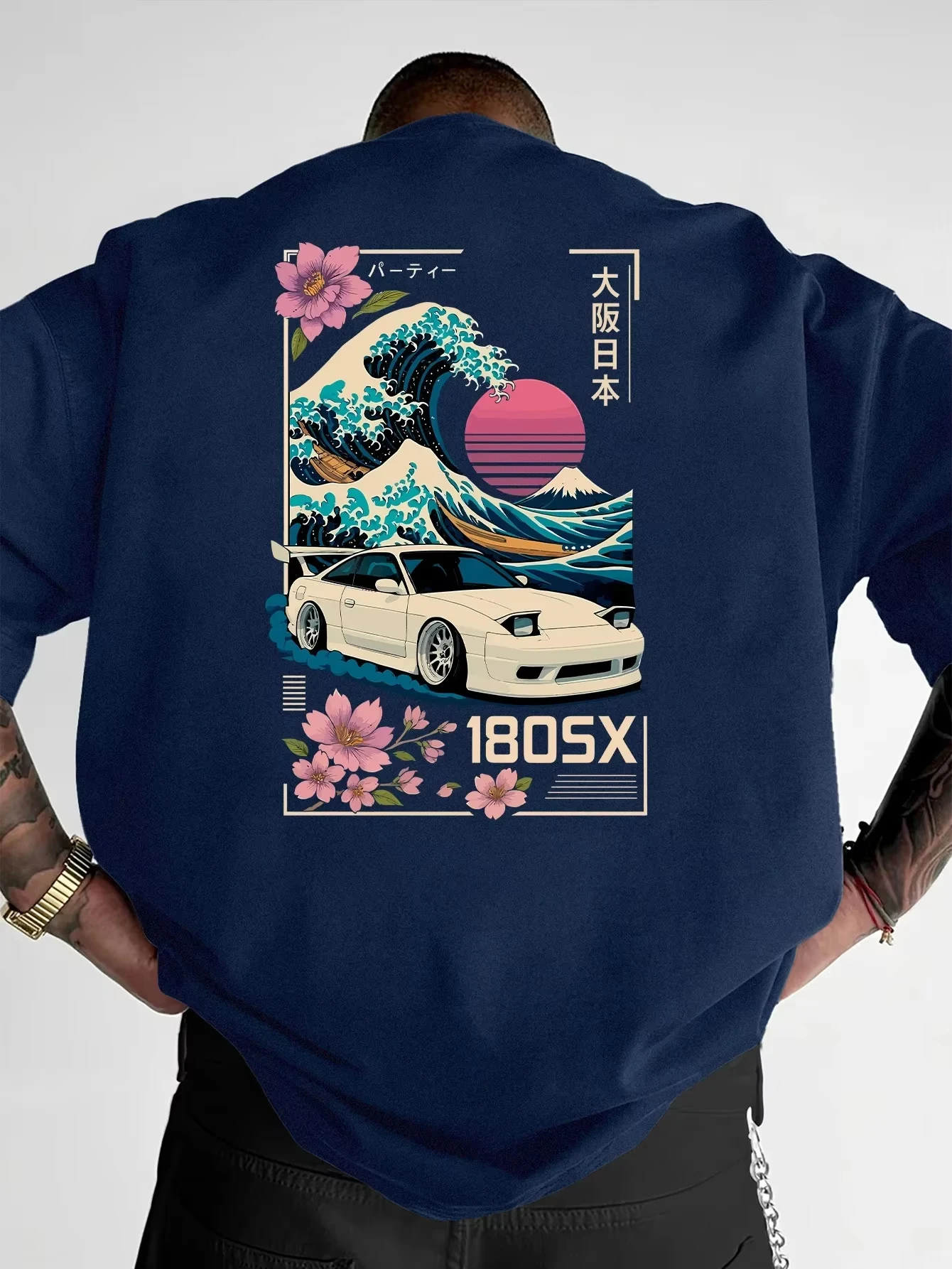 Neues Herren-Kurzarm-T-Shirt mit japanischem Ukiyo-e JDM-Autokultur-Trend-Print, lässige Streetwear, vielseitig einsetzbar – Detail 3
