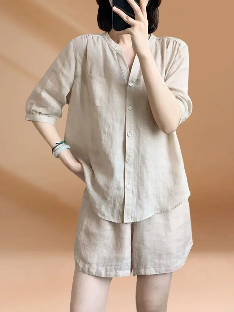 

Solid color shorts suit 2025 fashion new summer casual loose shirt two-piece set