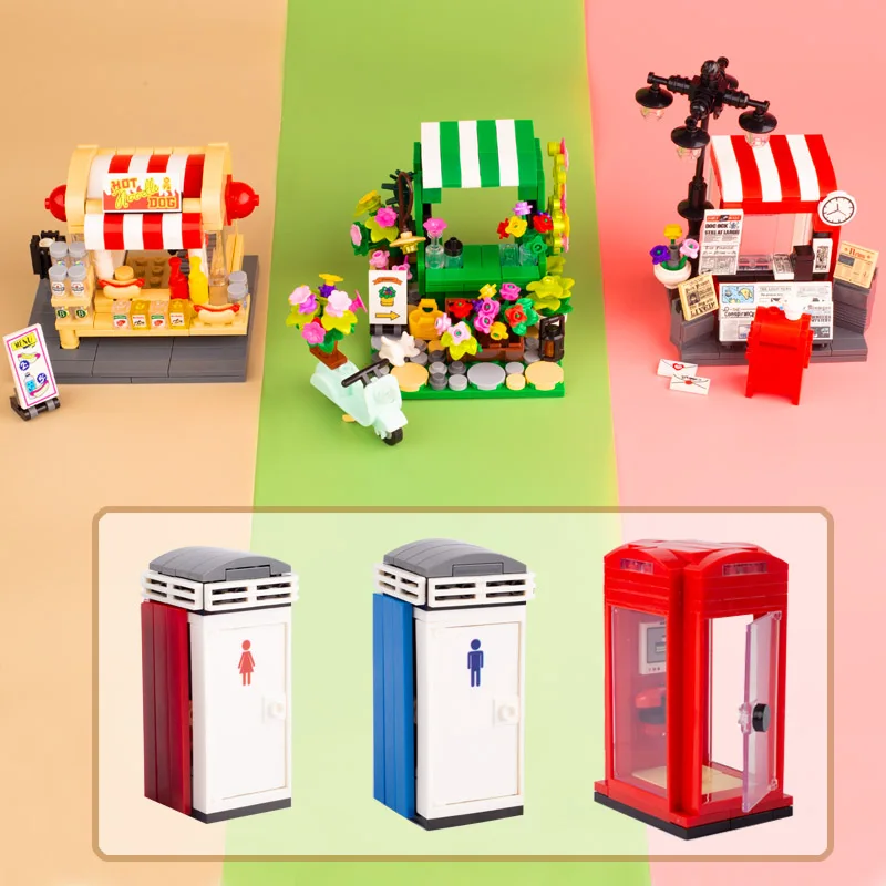 MOC City Mini Architecture Street View Model Building Blocks Flower Shop Hot Dog Hamburger Restaurant Retail Store Gifts Toys