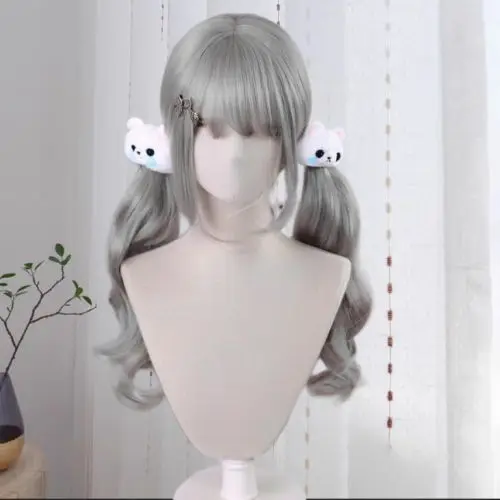 ‌ شعر مستعار لوليتا رمادي مجعد - شعر مموج ضخم لصور السفر Kawaii Cosplay Gothic Fashion قطعة شعر صناعية مقاومة للحرارة